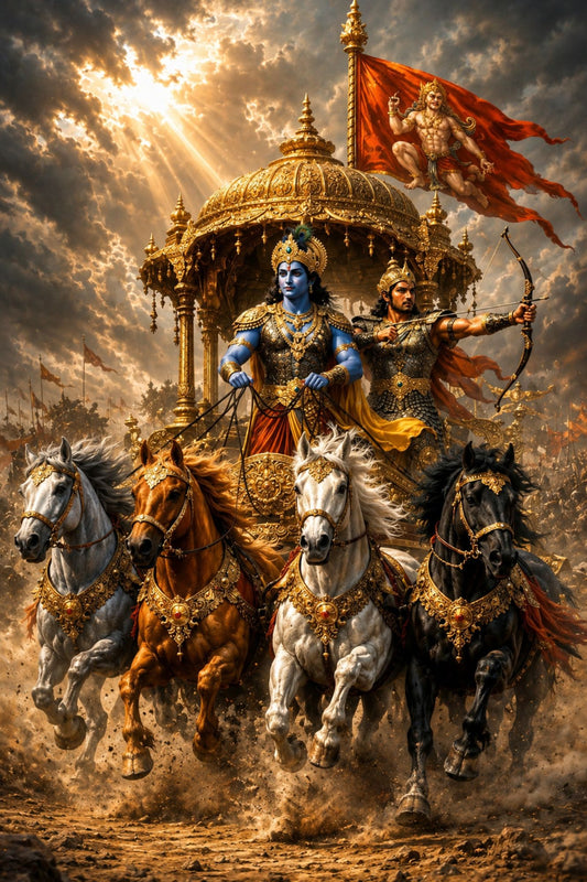 Pixora Mahabharata Krishna and Arjuna Chariot Art - A4 Size Black Framed Spiritual Wall Decor