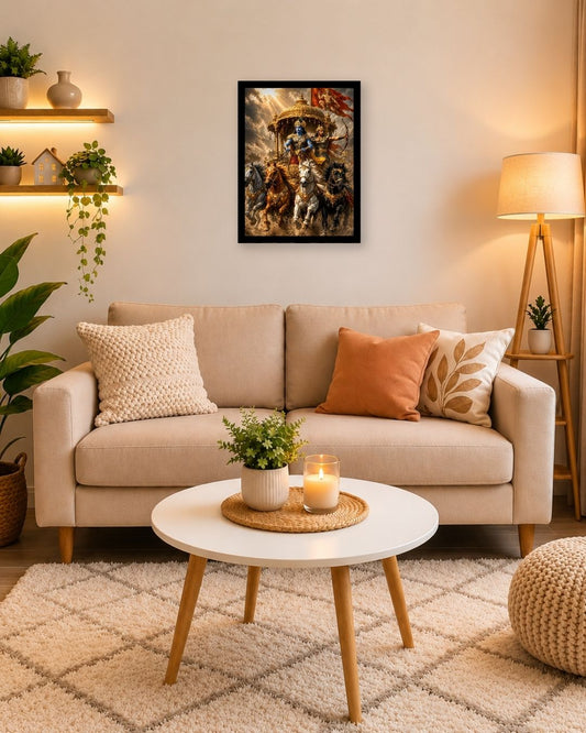 Pixora Mahabharata Krishna and Arjuna Chariot Art - A4 Size Black Framed Spiritual Wall Decor