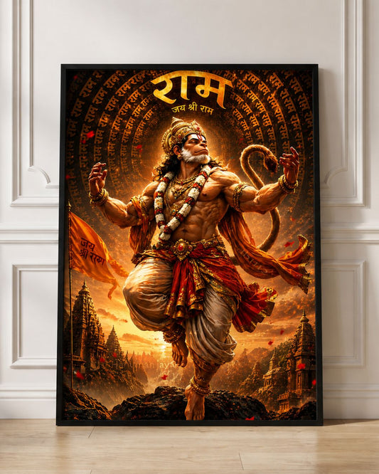 Pixora Bajrangbali Lord Hanuman Art - A4 Size Black Framed Spiritual Wall Decor