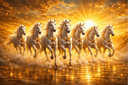 Pixora A4 Size Black Frame 7 White Horses Running in Water with Golden Sunrise