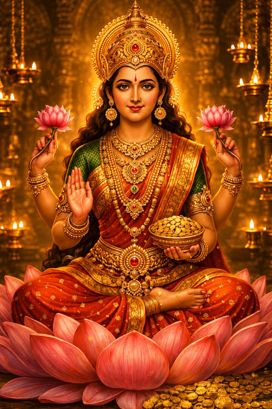 Pixora Divine Goddess Lakshmi on Lotus Art - A4 Size Black Framed Spiritual Wall Decor