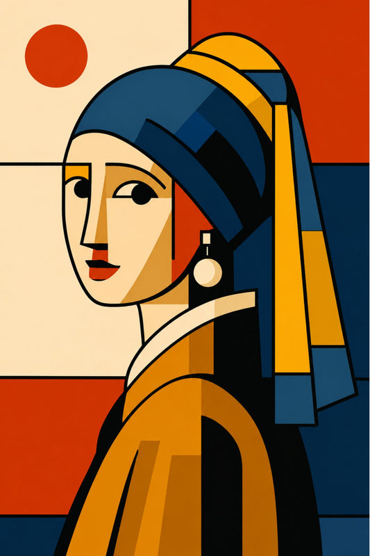 Pixora Modern Cubist Girl with a Pearl Earring Art - A4 Size Black Framed Wall Decor