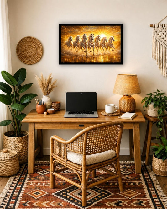 Pixora A4 Size Black Frame 7 White Horses Running in Water with Golden Sunrise