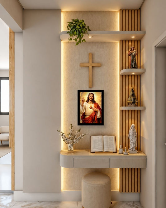 Pixora Sacred Heart of Jesus Christ Art - A4 Size Black Framed Spiritual Wall Decor