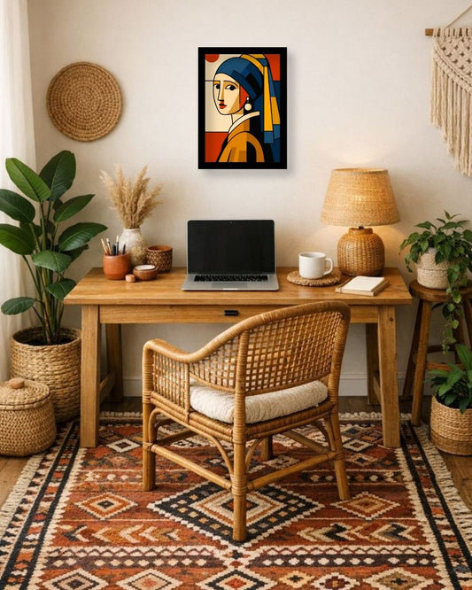 Pixora Modern Cubist Girl with a Pearl Earring Art - A4 Size Black Framed Wall Decor