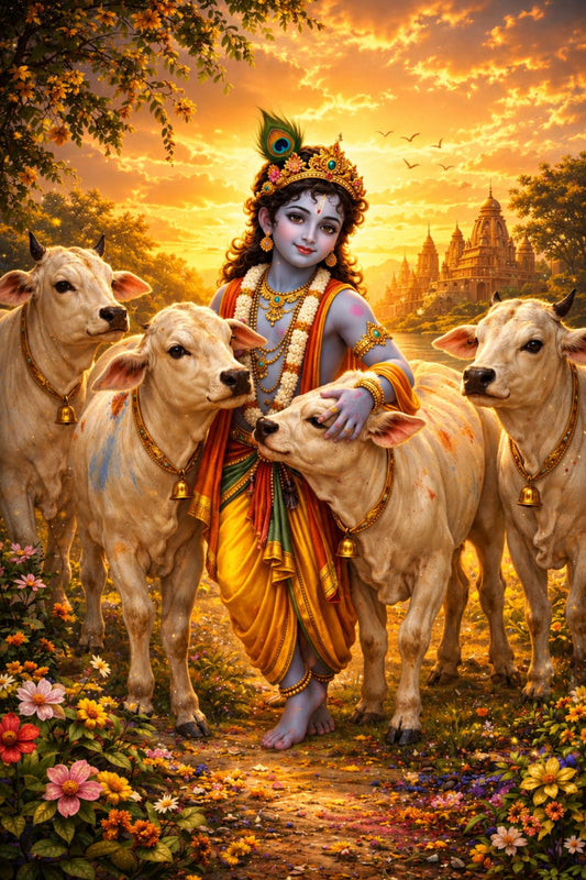 Pixora Little Krishna with Holy Cows Art - A4 Size Black Framed Spiritual Wall Decor