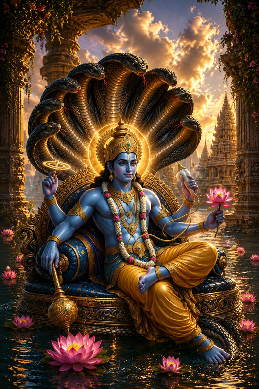 Pixora Divine Lord Vishnu on Sheshnag Art - A4 Size Black Framed Spiritual Wall Decor