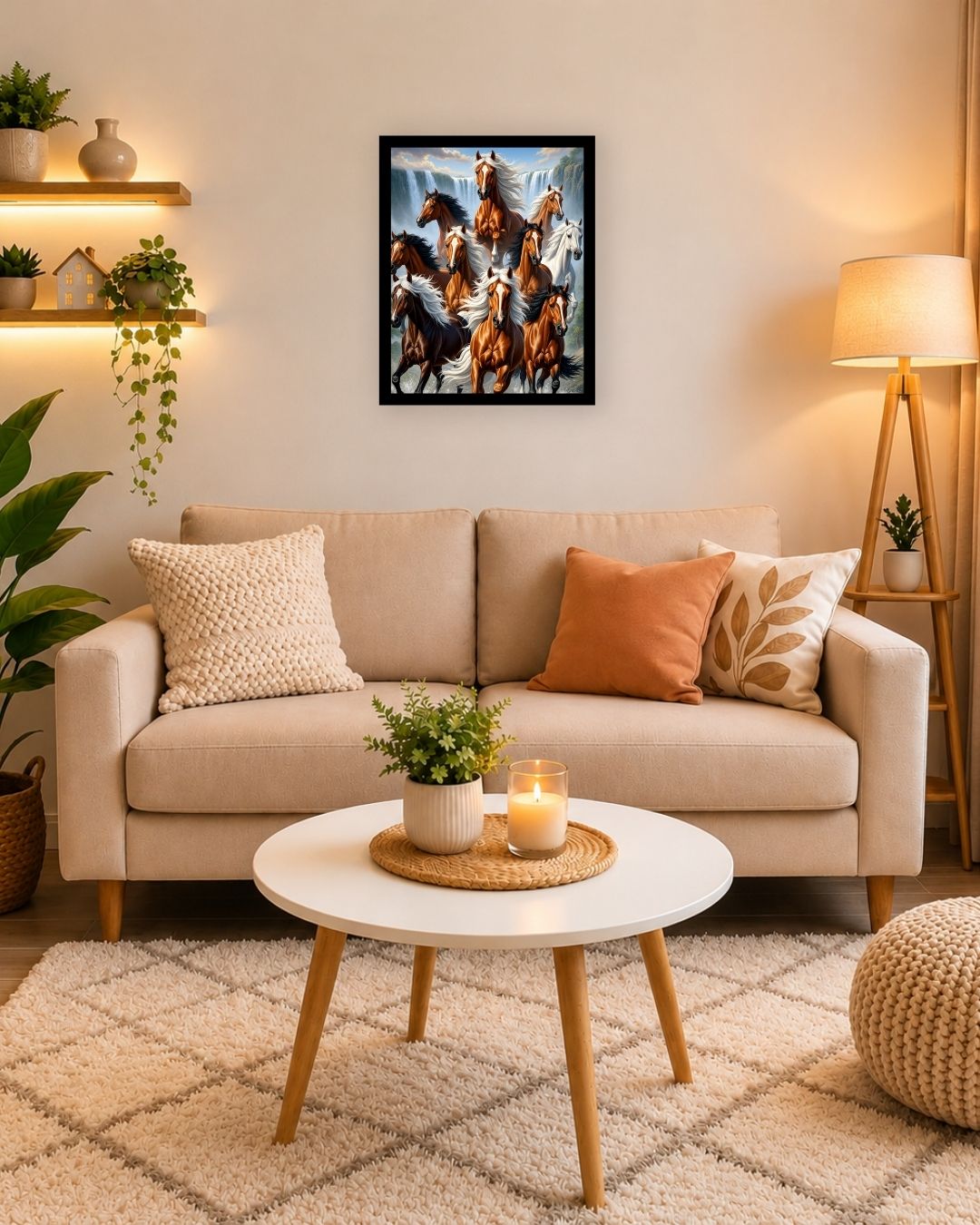 Pixora A4 Size Black Framed Majestic Wild Horses Galloping by Waterfall Canvas Wall Art
