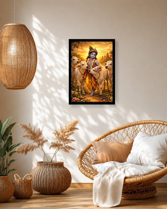 Pixora Little Krishna with Holy Cows Art - A4 Size Black Framed Spiritual Wall Decor