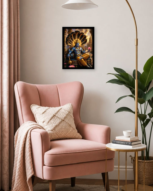 Pixora Divine Lord Vishnu on Sheshnag Art - A4 Size Black Framed Spiritual Wall Decor