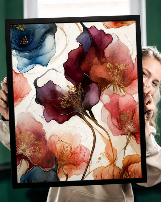 Pixora Ethereal Floral Alcohol Ink Art - A4 Size Black Framed Abstract Wall Decor