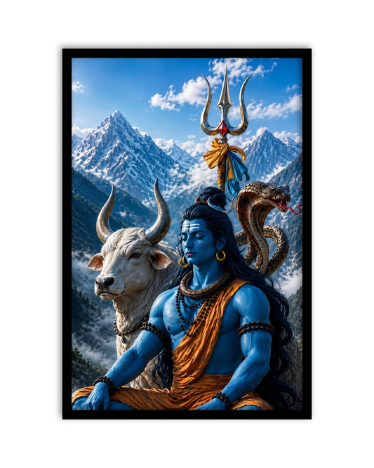 Pixora Meditating Lord Shiva with Nandi Art - A4 Size Black Framed Spiritual Wall Decor