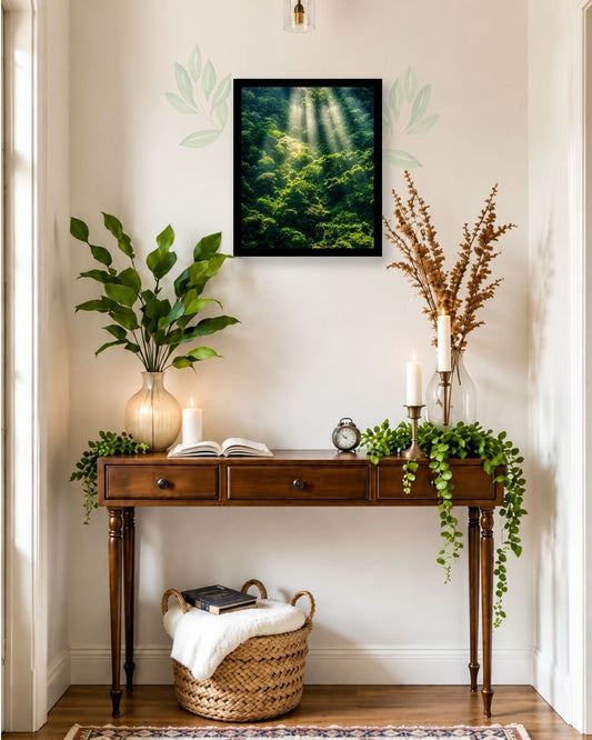 Pixora A4 Size Black Framed Wall Decor Hanging – Scenic Green Forest Sunrise Nature Artwork