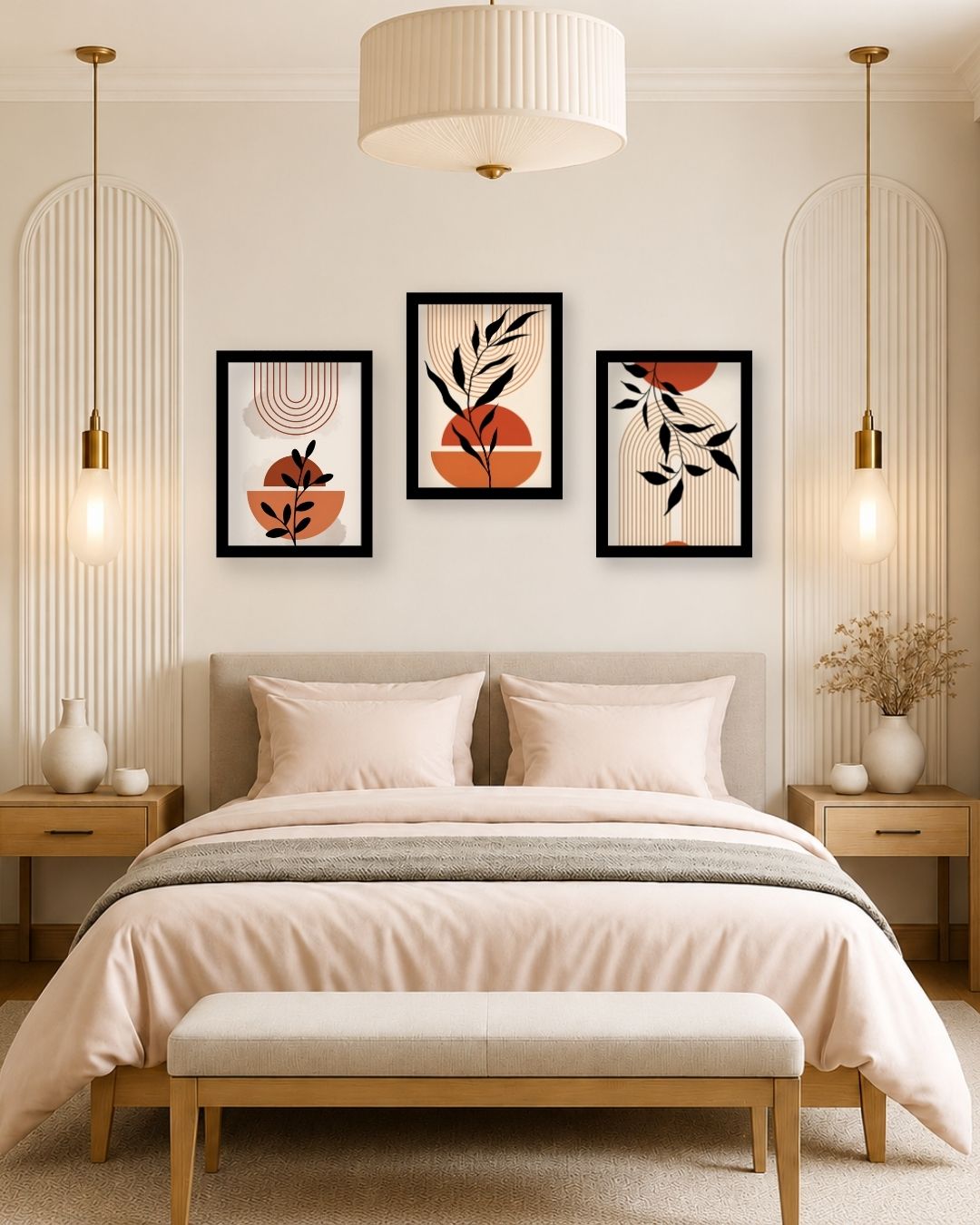 Pixora Mid-Century Sun & Arch Triptych Set - Three Black Framed A4 Prints Wall Decor