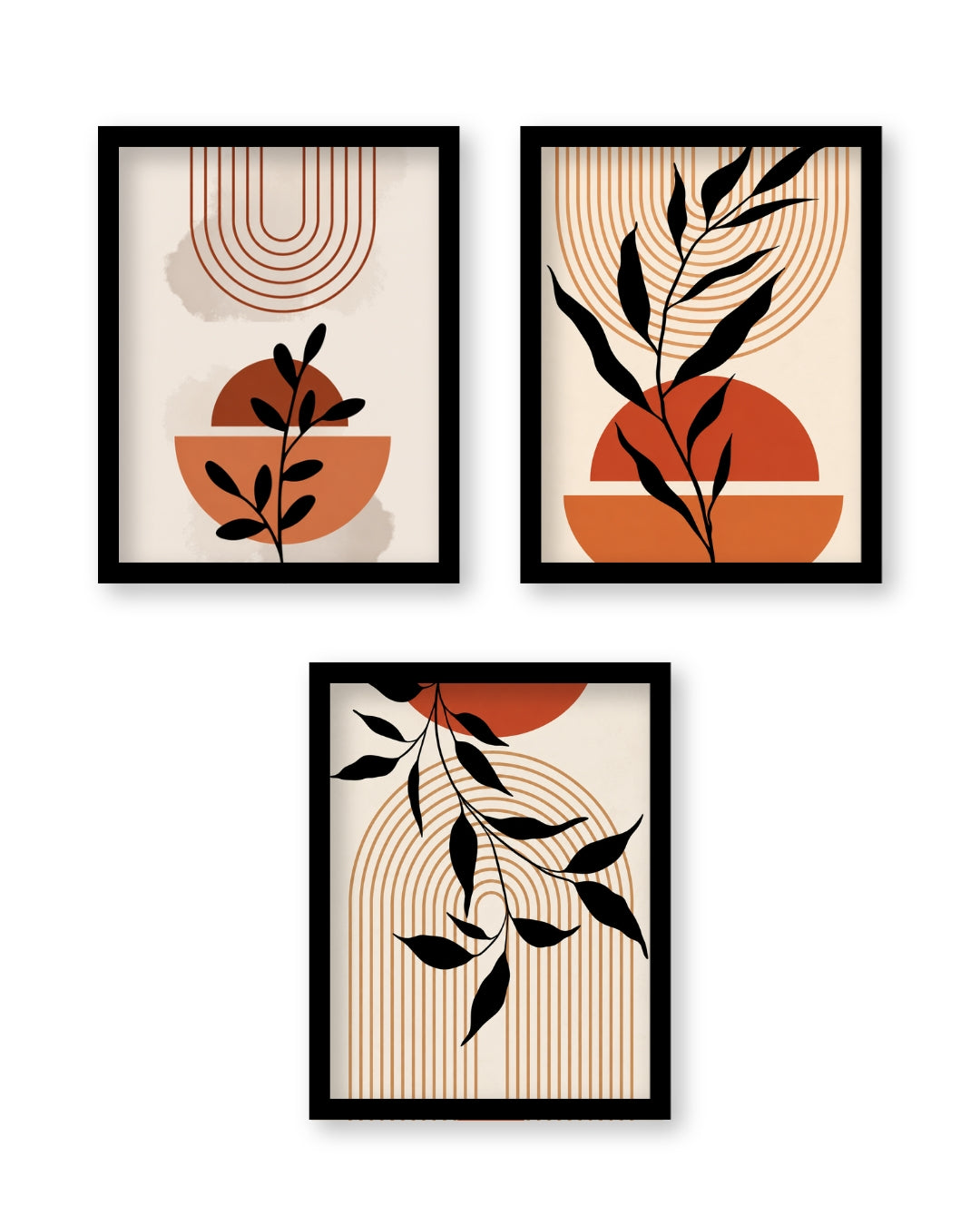 Pixora Mid-Century Sun & Arch Triptych Set - Three Black Framed A4 Prints Wall Decor