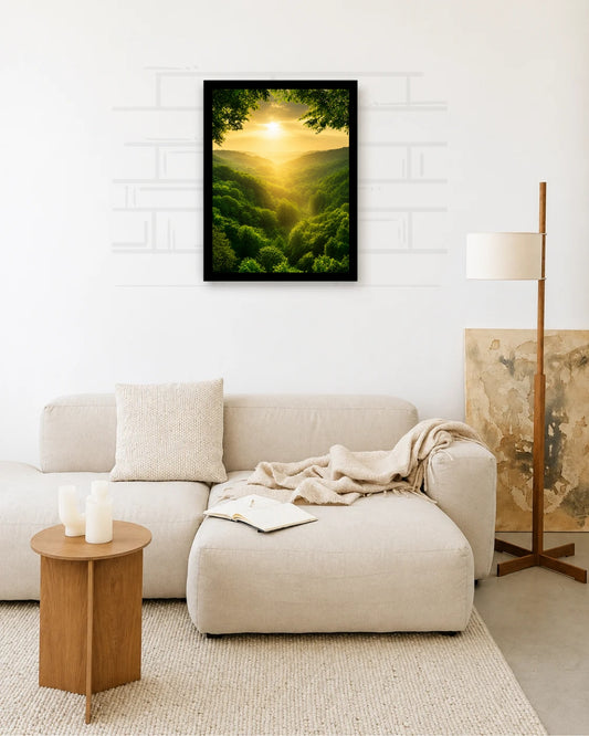 Pixora A4 Size Black Framed Wall Decor Hanging – Golden Sunrise Forest Landscape Wall Art