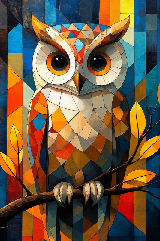 Pixora Geometric Mosaic Owl Art - A4 Size Black Framed Stained Glass Style Wall Decor