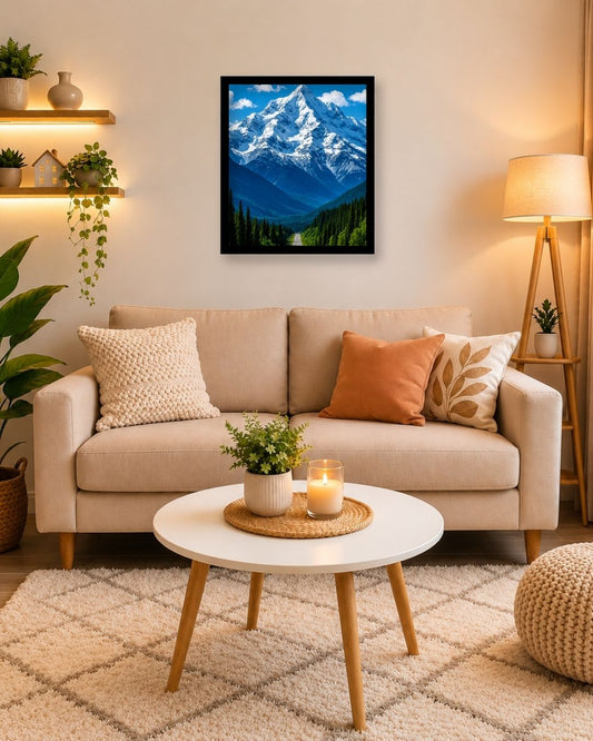 Pixora A4 Size Black Framed Wall Decor Hanging – Majestic Snow Mountain Road Landscape Art
