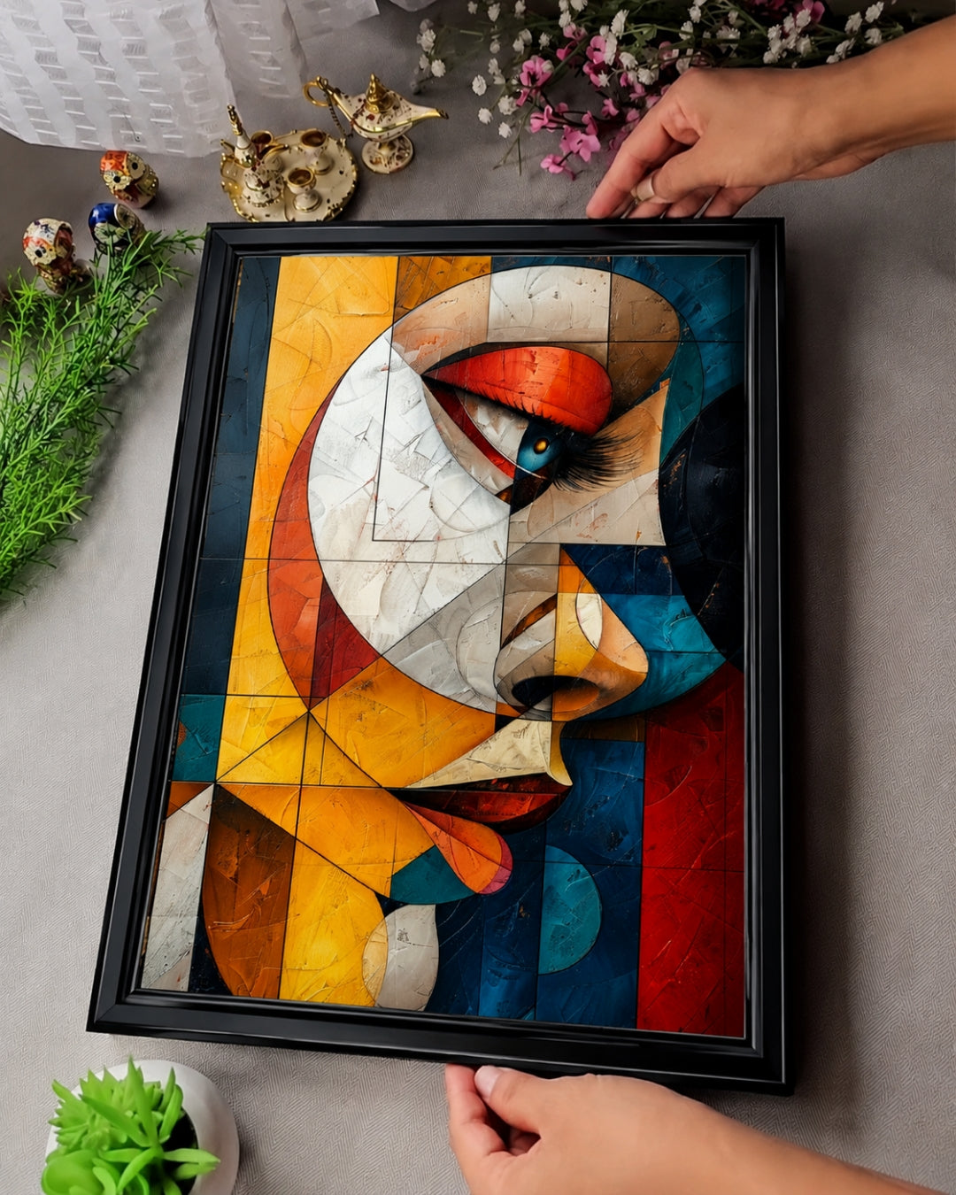Pixora Expressionist Cubist Face Art - A4 Size Black Framed Abstract Portrait Wall Decor
