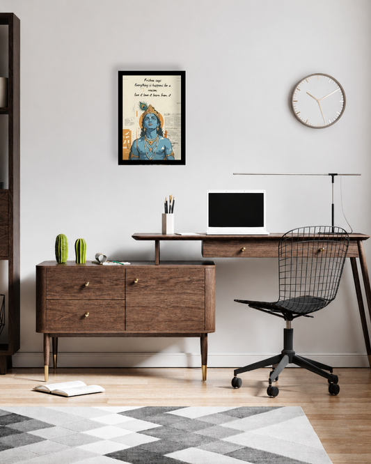 Pixora Inspirational Lord Krishna Quote Art - A4 Size Black Framed Spiritual Wall Decor