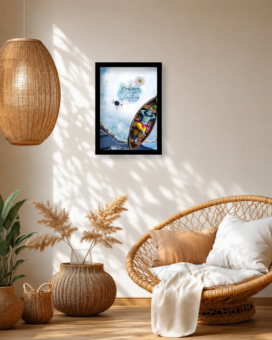 Pixora Bal Krishna in Boat Motivational Quote Art - A4 Size Black Framed Spiritual Wall Decor